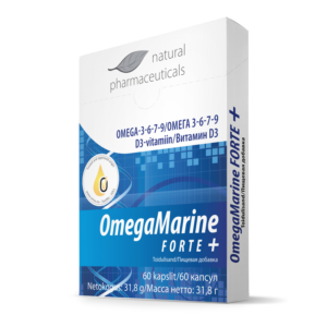 Natural Pharmaceuticals OmegaMarine FORTE+ Omega-3-6-7-9 ja D3-vitamiini sisaldav toidulisand 60 kapslit, 31,8 g pakendis.
