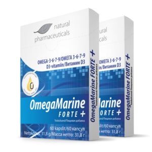 Kaks pakki toidulisandit OmegaMarine FORTE+. Pakendil on kontrollitud päritolu kinnitav ORIVO logo. Toode sisaldab Omega-3-6-7-9 rasvhappeid ja D3-vitamiini.