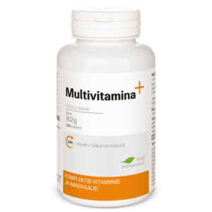 Valge pakend toidulisandile Multivitamin+. Pudelil on valge kork ja lihtne, kaasaegne etikett. Esiküljel on nimetus „Multivitamin+“ koos oranži plussiga.