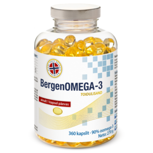 BergenOMEGA-3 toidulisandpakend, mis sisaldab 360 kalaõli kapslit kõrge omega-3 hapete sisaldusega (90%).