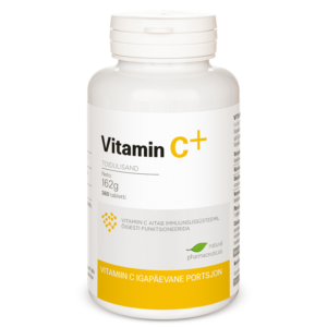 C+-vitamiini toidulisandi valge pakend. Pudelil on valge kork ja minimalistlik etikett. Esiküljel on nimetus „Vitamin C+“, millel on kollase värviga esile tõstetud C-täht.