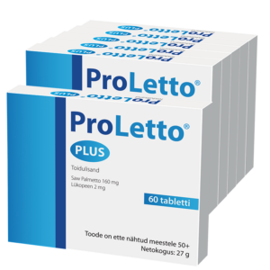 Mitu pakendit ProLetto® PLUS toidulisandit rivis, esikülje esikarbi esikülg nähtav. Pakend on valget ja sinist värvi ning sisaldab eestikeelset teavet. Nähtavalt toote nimetus „ProLetto® PLUS“ ja teave toimeainete kohta: Saw Palmetto 160 mg ja Lükopeneen 2 mg.