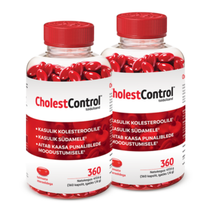 Kaks plastpakendit CholestControl™ toidulisandiga kõrvuti. Punase korgiga läbipaistvad pudelid sisaldavad punaseid kapsleid. Valge ja punane etikett. Toote nimetus „CholestControl™“ rõhutatud musta ja punase värviga.