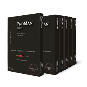 Mitu musta pakendit toidulisandit ProMan® PLUS rivis. Pakendi esiküljel on mustal taustal valgel kirjas nimetus „ProMan® PLUS“.