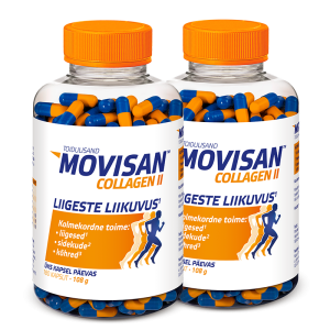 Kaks läbipaistvat plastpakendit MOVISAN™ Collagen II toidulisandiga, kõrvuti. Mõlemal pudelil on oranž kork ja see sisaldab sinise ja oranži värvi kapsleid. Etiketil on toote logo „MOVISAN™ COLLAGEN II“.
