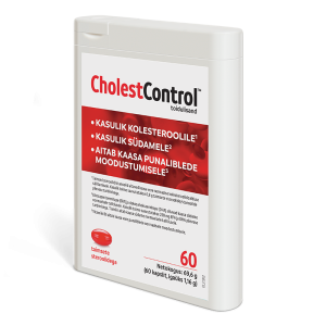 CholestControl toidulisandite pakend. Toode toetab normaalse kolesteroolitaseme säilitamist, südame tervist ja punaste vereliblede moodustamist. See sisaldab taimseid steroole.