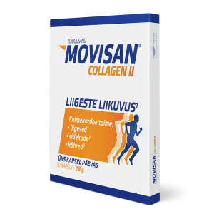 Movisan® Collagen II toidulisandi pakend, mis sisaldab 30 kapslit (netokaal: 18 g). Toode toetab liigeste liikuvust, sidekude ja kõhre. Pakendil on graafiline kujutis jooksusiluettidega.