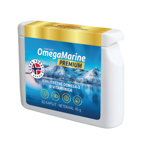 OmegaMarine PREMIUM toidulisandi pakend 60 kapsliga. Etiketil on illustratsioon Norra maastikust koos mägede ja järvega, loosung „Kvaliteetne omega-3 D-vitamiiniga“ ja sümbolid, mis näitavad kasu südamele, ajule, nägemisele ja immuunsusele. Netokaal: 45 g.