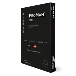 ProMan Plus toidulisandi must pakend meestele. Pakendil on eestikeelne kiri: „Testosterooni valvur“, „Energy - Vormisolek - Elujõulisus“. Sisu: 30 kapslit, netokaal 21,7 g.